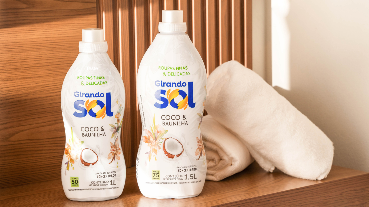 Conheça a nova embalagem do Amaciante Concentrado Coco e Baunilha da Girando Sol